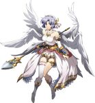  1girl angel_wings asymmetrical_legwear bare_shoulders blue_eyes boots closed_mouth collarbone detached_sleeves dress feathered_wings full_body hair_intakes hairband highres holding holding_polearm holding_weapon knee_boots langrisser langrisser_ii long_sleeves looking_at_viewer official_art pleated_dress polearm sherry_(langrisser) shiny shiny_hair short_dress short_hair silver_hair single_thighhigh sleeveless sleeveless_dress smile solo thigh-highs thighlet transparent_background waist_cape weapon white_dress white_footwear white_legwear white_sleeves white_wings wings yellow_hairband 