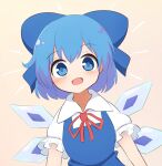  1girl bangs blue_bow blue_dress blue_eyes blue_hair bow breasts cirno collared_shirt dress ferdy&#039;s_lab flat_chest hair_bow highres ice ice_wings neck_ribbon open_mouth pinafore_dress pink_background red_neckwear ribbon shirt short_hair simple_background small_breasts solo touhou white_shirt wings 