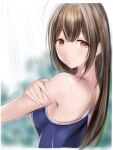  1girl bangs blue_swimsuit blurry blurry_background breasts brown_eyes brown_hair closed_mouth eyebrows_visible_through_hair hair_between_eyes idolmaster idolmaster_shiny_colors kuwayama_chiyuki long_hair looking_at_viewer medium_breasts nannacy7 school_swimsuit shiny shiny_hair smile solo straight_hair swimsuit very_long_hair wet wet_hair 