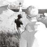  2boys asuka_ryou black_hair devilman devilman_crybaby from_behind fudou_akira grasslands greyscale highres male_focus monochrome multiple_boys outdoors short_sleeves walking watch watchtower 