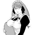  1girl apron breast_rest breasts commentary eyebrows_visible_through_hair glasses hair_ribbon half-closed_eyes highres jitome large_breasts long_hair long_sleeves looking_at_viewer maid maid_apron maid_headdress monochrome neck_ribbon onsen_tamago_(hs_egg) open_mouth ribbon simple_background solo soredemo_machi_wa_mawatteiru standing tatsuno_toshiko tray upper_body white_background 