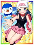  1girl :d absurdres bare_arms bare_shoulders beanie blue_eyes blue_hair boots border bracelet full_body hat highres hikari_(pokemon) holding holding_poke_ball jewelry knee_boots kneehighs legs_together long_hair looking_at_viewer miniskirt multicolored_background open_mouth outstretched_arm outstretched_hand pink_scarf pink_skirt piplup poke_ball poke_ball_(basic) poke_ball_print pokemon pokemon_(game) pokemon_dppt scarf shirt skirt sleeveless sleeveless_shirt smile solo thighs toukan white_border white_headwear wristband 