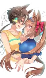  2girls :t =3 animal_ears bangs bare_shoulders blue_dress blush breasts brown_hair closed_mouth collarbone commentary_request cropped_torso daiwa_scarlet_(umamusume) dress eye_contact hair_intakes hand_on_another&#039;s_chin highres holding_another&#039;s_wrist horse_ears large_breasts long_hair looking_at_another multiple_girls open_mouth poco. ponytail red_eyes shirt signature simple_background sleeveless sleeveless_dress sleeves_rolled_up sweat tearing_up teeth thought_bubble tiara translation_request turtleneck_dress twintails umamusume upper_body upper_teeth vodka_(umamusume) white_background yellow_eyes yellow_shirt yuri 