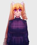  1girl absurdres bangs blonde_hair breasts cosmikaizer dress drill_hair english_commentary eyebrows_visible_through_hair grey_background highres lana_branford large_breasts long_hair looking_at_viewer original purple_dress simple_background smile solo twin_drills twintails uneven_twintails upper_body 