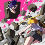  2girls black_ribbon black_skirt blonde_hair blue_eyes blue_hair closed_mouth eyebrows_visible_through_hair goshiki_agiri gun hair_ribbon highres holding holding_gun holding_shuriken holding_sword holding_weapon kill_me_baby long_hair looking_at_another multiple_girls necktie pleated_skirt red_necktie ribbon shirt shuriken skirt smile sonya_(kill_me_baby) sword twintails weapon white_shirt yachima_tana 