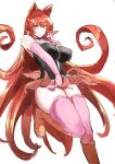  1girl animal_ears azazel_ameri bangs blush boots breasts cat_ears curly_hair eyebrows_behind_hair eyebrows_visible_through_hair hair_between_eyes highres large_breasts long_hair looking_at_viewer mairimashita!_iruma-kun manno_(kanpi2100) orange_eyes pink_legwear pointy_ears redhead simple_background skirt solo thigh-highs thigh_boots very_long_hair white_background 