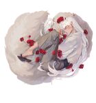  1boy alternate_costume closed_eyes facial_mark fetal_position flower from_above full_body geta grey_hakama hair_flower hair_ornament hakama highres inuyasha japanese_clothes long_hair long_sleeves looking_at_viewer lying male_focus mmmilk on_side plantar_flexion pointy_ears profile red_flower sesshoumaru shoe_dangle simple_background sleeping solo very_long_hair white_background white_hair yellow_eyes 