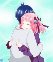  bangs black_ribbon blue_hair blunt_bangs blush butterfly_hair_ornament cardigan closed_eyes full-face_blush go-toubun_no_hanayome grey_cardigan hair_ornament highres hug multicolored_nails nail_polish nakano_nino pink_hair purple_cardigan ribbon shirt simple_background sleeves_past_wrists smile twintails uesugi_fuutarou white_shirt yusaneko7067 