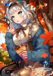  autumn autumn_leaves bench berry blue_nails bow casual cream cream_on_face crepe dessert dress eating falling_leaves food food_on_face food_wrapper frilled_dress frills fruit green_eyes halo headband holding holding_food kamishiro_rita leaf maple_leaf nail_polish off_shoulder prism_project second-party_source strawberry wawatiku white_hair 