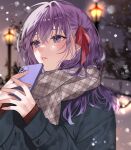  1girl bangs black_jacket blurry blurry_background brown_scarf fate/stay_night fate_(series) from_side hair_between_eyes hair_ribbon highres holding holding_phone jacket lamppost long_hair long_sleeves matou_sakura night outdoors parted_lips phone plaid plaid_scarf purple_hair red_ribbon red_sweater ribbon scarf shimatori_(sanyyyy) shiny shiny_hair shiny_hiar snow snowing sweater winter 