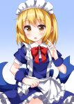  1girl :o apron bangs blonde_hair blue_background blue_dress blush bow bowtie cowboy_shot dress eyelashes gradient gradient_background highres maid maid_apron maid_headdress mugetsu_(touhou) one-hour_drawing_challenge open_mouth red_bow red_bowtie red_neckwear ruu_(tksymkw) short_hair short_sleeves touhou touhou_(pc-98) white_background yellow_eyes 