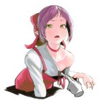  1girl bow choker clothes_pull collarbone fang fingernails gegege_no_kitarou hair_bow mak_neutral nekomusume nekomusume_(gegege_no_kitarou_6) pink_bow pink_choker pointy_ears purple_hair short_hair simple_background single_bare_shoulder white_background yellow_eyes 