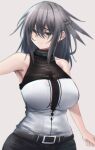  1girl arknights bangs bare_shoulders belt black_belt breasts commentary eyebrows_visible_through_hair green_eyes grey_background grey_hair greythroat_(arknights) hair_between_eyes hane_(8ne_k) infection_monitor_(arknights) large_breasts long_hair looking_at_viewer parted_lips shirt simple_background sleeveless sleeveless_shirt solo upper_body 