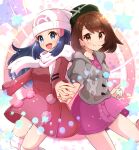 2girls :d bangs beanie black_hair blush bob_cut brown_eyes brown_hair buttons cable_knit cardigan closed_mouth coat collared_dress commentary_request dress eyelashes gloria_(pokemon) green_headwear grey_cardigan grey_eyes hair_ornament hairclip haru_(haruxxe) hat highres hikari_(pokemon) holding_hands hooded_cardigan long_hair long_sleeves looking_at_viewer multiple_girls open_mouth over-kneehighs pink_dress pokemon pokemon_(game) pokemon_dppt pokemon_platinum pokemon_swsh red_coat scarf short_hair sidelocks smile split_mouth star_(symbol) tam_o&#039;_shanter thigh-highs tongue white_headwear white_legwear white_scarf 