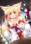  2girls :o animal_ear_fluff animal_ears bangs bare_shoulders barn black_hair blonde_hair blue_eyes blush ceiling collarbone commentary_request day eyebrows_visible_through_hair fox_ears fox_girl fox_tail hair_between_eyes hair_ribbon highres index_finger_raised long_hair long_sleeves looking_at_another looking_at_viewer multiple_girls navel off_shoulder original parted_lips pelvic_curtain red_ribbon red_scarf ribbon ribbon-trimmed_sleeves ribbon_trim roshin scarf squatting tail thigh-highs white_legwear wooden_ceiling yellow_eyes 