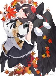  1girl armband autumn_leaves bird_wings black_hair black_legwear black_ribbon black_skirt black_wings camera collared_shirt frilled_skirt frills geta hat hato_(gomashiopappa) hauchiwa highres leaf-pattern_stripe pointy_ears pom_pom_(clothes) red_eyes red_footwear ribbon shameimaru_aya shirt simple_background skirt solo tengu-geta thigh-highs tokin_hat touhou white_background white_shirt wings 