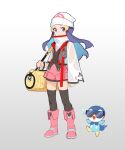  1girl adapted_costume bag beanie black_hair boots closed_mouth commentary_request cropped_jacket duffel_bag grey_background grey_eyes hair_ornament hairclip hat hikari_(pokemon) jacket korean_commentary long_hair long_sleeves open_clothes open_jacket pagye pink_footwear pink_skirt piplup pokemon pokemon_(creature) pokemon_(game) pokemon_dppt shirt simple_background skirt thigh-highs white_headwear yellow_bag 