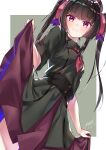  1girl absurdres bangs black_dress black_hair blunt_bangs closed_mouth dress dutch_angle eyebrows_visible_through_hair from_below hair_ribbon highres long_hair looking_at_viewer niyun_(n_niyu) pink_dress pink_ribbon purple_skirt red_eyes ribbon senki_zesshou_symphogear shiny shiny_hair short_sleeves signature skirt skirt_hold skirt_under_dress smile solo standing tsukuyomi_shirabe twintails 