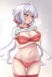  1girl ahoge blush bra breasts clothes_lift collarbone embarrassed eyebrows_visible_through_hair gym_shirt hair_ornament hair_scrunchie long_hair looking_to_the_side navel open_mouth panties r-binon red_bra red_panties scrunchie senki_zesshou_symphogear shiny shiny_hair shirt shirt_lift silver_hair solo standing twintails underwear violet_eyes white_shirt yukine_chris 