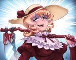  blonde_hair blush bow breasts brown_dress david_hrusa dress elly_(touhou) eyebrows_visible_through_hair eyelashes hat hat_bow highres juliet_sleeves long_sleeves medium_breasts medium_hair nervous open_mouth puffy_sleeves red_ribbon ribbon scythe sun_hat sweatdrop teeth touhou touhou_(pc-98) upper_body upper_teeth white_headwear yellow_eyes 