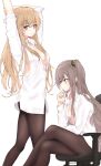  2girls :3 arm_up bangs black_legwear blonde_hair breasts brown_hair chair collarbone collared_shirt crossed_legs girls_frontline highres holding_own_arm long_hair long_sleeves looking_at_viewer medium_breasts multiple_girls nanayozuki office_chair pantyhose partially_unbuttoned red_eyes scar scar_across_eye shirt side_ponytail sitting sleeves_pushed_up small_breasts standing thinking ump45_(girls&#039;_frontline) ump9_(girls&#039;_frontline) white_shirt yellow_eyes 
