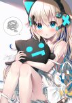  1girl :o animal_ears bangs blonde_hair blue_eyes blue_hair blush bottle cat_ear_headphones cat_ears cat_hair_ornament commentary_request dress eyebrows_visible_through_hair fake_animal_ears feet_out_of_frame frilled_dress frills hair_between_eyes hair_ornament headphones indie_virtual_youtuber knees_up long_hair looking_at_viewer multicolored_hair notice_lines object_hug panties panties_around_one_leg parted_lips sitting spoken_squiggle squiggle strap_slip sweat two-tone_hair uchuuneko uchuuneko_(vtuber) underwear very_long_hair virtual_youtuber white_dress white_panties x_hair_ornament 