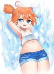  1girl akai_ikuto bare_shoulders blush breasts collarbone eyebrows_visible_through_hair looking_at_viewer midriff misty_(pokemon) navel open_mouth orange_hair pokemon short_hair shorts side_ponytail solo 