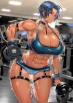  1girl abs absurdres ahoge anima_(togashi) biceps blue_eyes blue_hair bra breasts ceiling_light choker covered_nipples dark-skinned_female dark_skin dumbbell exercise gym highres large_breasts lights lips mole mole_on_breast muscular muscular_female nike original shoes short_hair sneakers sports_bra sportswear steam steaming_body sweat sweatdrop thick_thighs thigh_strap thighs treadmill underwear weightlifting 