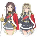  2girls annoyed bangs black_hairband black_jacket breasts brown_eyes brown_hair eyebrows_visible_through_hair fur_trim grey_skirt hair_behind_ear hair_intakes hairband holding holding_sword holding_weapon jacket jacket_on_shoulders looking_to_the_side medium_breasts multiple_girls parted_bangs rapier red_jacket saijou_claudine shoujo_kageki_revue_starlight skirt smile sparkle sword tendou_maya tsubobot weapon 