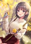  1girl :d absurdres akowazaki aran_sweater autumn autumn_leaves bamboo bamboo_broom bangs between_legs blurry blurry_background blush breasts broom brown_hair collarbone commentary_request day depth_of_field eyebrows_visible_through_hair food ginkgo hair_ornament hairclip highres holding holding_food large_breasts leaf long_sleeves looking_at_viewer maple_leaf medium_breasts miniskirt open_mouth original outdoors pleated_skirt pov red_skirt short_hair sitting skirt smile solo suspender_skirt suspenders sweater sweet_potato thighs violet_eyes white_sweater 