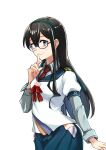  1girl amanattou_shigure black_hair blue_sailor_collar blue_skirt commentary_request finger_to_mouth glasses green_eyes hairband highres hip_vent index_finger_raised kantai_collection long_hair looking_at_viewer necktie ooyodo_(kancolle) panties red_necktie sailor_collar school_uniform semi-rimless_eyewear serafuku side-tie_panties simple_background skirt smile solo thigh-highs under-rim_eyewear underwear white_background 