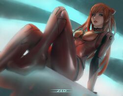  1girl artist_name bangs blue_eyes bodysuit braid closed_mouth lips lipstick long_hair looking_at_viewer makeup neon_genesis_evangelion open_mouth orange_hair painting sitting solo souryuu_asuka_langley teeth twin_braids zed_(trungbui42) 