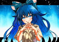  1girl bangle blue_bow blue_eyes blue_hair bow bracelet debt hair_bow hood hoodie jewelry long_hair qqqrinkappp solo touhou traditional_media yorigami_shion 