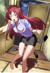  ahoge bag bangs bare_arms bare_legs breasts green_eyes handbag hataraku_maou-sama! highres holding long_hair looking_at_viewer manno_(kanpi2100) open_mouth redhead shirt shoes shoes_removed skirt stairs sweat wooden_floor yusa_emi 