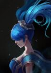  1girl bangs black_background blue_dress blue_hair breasts closed_mouth commentary_request dress floating_hair from_side gradient gradient_background hair_ornament hair_over_one_eye highres large_breasts league_of_legends long_hair qi_fen_tang shiny shiny_hair solo sona_(league_of_legends) twintails upper_body 