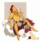  1boy animal animal_helmet animal_on_shoulder armor calico cat cat_on_shoulder dark_souls_(series) dark_souls_i donar0217 dragon_slayer_ornstein full_armor gold_armor helm helmet tabby_cat too_many too_many_cats two-tone_fur white_cat yarn yarn_ball 