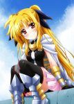  1girl armor bangs black_legwear black_leotard black_ribbon blonde_hair blue_sky cape clouds cloudy_sky commentary_request day eyebrows_visible_through_hair fate_testarossa gauntlets gloves greaves grey_footwear hair_ribbon highres leotard long_hair looking_at_viewer lyrical_nanoha magical_girl mahou_shoujo_lyrical_nanoha_reflection miniskirt open_mouth outdoors pink_skirt pleated_skirt red_eyes ribbon sitting skirt sky smile solo thigh-highs twintails white_cape yellow_gloves yorousa_(yoroiusagi) 