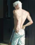  1boy adjusting_clothes alternate_hair_length alternate_hairstyle bare_back contemporary cowboy_shot facial_mark from_behind highres indoors inuyasha locker locker_room looking_away looking_down male_focus mmmilk orange_eyes pointy_ears profile sesshoumaru shorts solo sweat topless_male white_hair white_shorts yellow_eyes 
