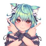  1girl absurdres ahoge animal_ear_fluff animal_ears bare_shoulders black_choker black_dress black_ribbon blush cat_ears choker closed_mouth dress ear_piercing flat_chest frilled_dress frills green_hair hair_ornament hair_ribbon highres hololive lace lace_choker lix_e333 looking_at_viewer low_twintails medium_hair off-shoulder_dress off_shoulder piercing red_eyes ribbon short_twintails simple_background skull_hair_ornament smile solo twintails uruha_rushia virtual_youtuber white_background wristband 