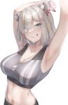  1girl absurdres animal_ear_fluff animal_ears arm_behind_head armpits bangs breasts collarbone commentary dog_tags ear_piercing eyebrows_visible_through_hair eyes_visible_through_hair grey_eyes grey_hair grey_sports_bra grin hair_ornament hair_over_one_eye hairclip highres hololive kurumi_tsuchi large_breasts lion_ears lion_girl looking_at_viewer multicolored_hair navel parted_lips piercing shishiro_botan short_hair simple_background smile solo sports_bra standing streaked_hair teeth upper_body virtual_youtuber white_background x_hair_ornament 