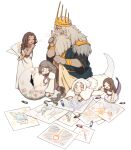  1boy 4girls beard brown_hair company_captain_yorshka cracked_egg crayon crown dark_souls_(series) dark_souls_i dark_souls_iii donar0217 dragon_girl dragon_tail facial_hair father_and_daughter filianore_(dark_souls) grey_hair gwyn_lord_of_cinder long_hair multiple_girls papers priscilla_the_crossbreed queen_of_sunlight_gwynevere sleeping tail white_hair 
