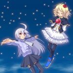  2girls ahoge black_capelet black_legwear black_skirt black_vest blonde_hair blue_footwear blush capelet dress flower hair_flower hair_ornament hime_(suguri) jacket long_hair medium_hair multiple_girls night night_sky pixel_art pleated_skirt red_eyes silver_hair skirt sky smile spdcooler star_(sky) suguri suguri_(character) thigh-highs track_jacket vest white_dress zettai_ryouiki zipper_pull_tab 