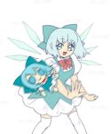  1980s_(style) 1girl anime_girl_throwing_things_(meme) bangs blue_bow blue_dress blue_eyes blue_hair bow breasts cirno collared_shirt dress fumo_(doll) hair_bow ice ice_wings meme parody pinafore_dress puffy_short_sleeves puffy_sleeves red_bow red_neckwear retro_artstyle shirt short_hair short_sleeves skullchimes small_breasts standing thigh-highs touhou white_legwear white_shirt wings 