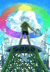  1girl antennae aqua_hair arms_behind_back black_shorts blue_hair blue_sky city clouds cloudy_sky floating_hair from_behind from_below gun headband holding holding_gun holding_weapon inkling long_hair neko_miya outdoors pointy_ears rainbow_gradient rainbow_order short_shorts shorts sky splatoon_(series) splatoon_1 spread_legs weapon wire 