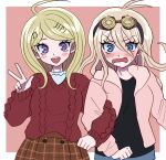  2girls :d ahoge akamatsu_kaede antenna_hair bangs black_shirt blonde_hair blue_eyes blush border breasts buttons danganronpa_(series) danganronpa_v3:_killing_harmony esu_(tasoesu) goggles goggles_on_head hair_between_eyes hair_ornament highres iruma_miu jacket large_breasts long_hair long_sleeves looking_at_viewer multiple_girls musical_note_hair_ornament open_clothes open_jacket open_mouth pink_background plaid plaid_skirt pleated_skirt red_sweater shiny shiny_hair shirt simple_background skirt smile sweat sweater symbol-only_commentary teeth upper_teeth violet_eyes w white_border 