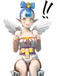  ! !! 1girl amanozako_(megami_tensei) bare_arms bare_shoulders bell blue_hair collarbone facial_mark hands_up highres jingle_bell looking_at_viewer mak_neutral mini_wings open_mouth pointy_ears ringed_eyes sash shin_megami_tensei short_hair simple_background sitting solo strapless v-shaped_eyebrows white_background wings yellow_eyes yellow_pupils 