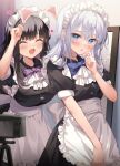  2girls apron blue_ribbon blush breasts camera closed_eyes frills hand_up hands_up heart highres kanda_done large_breasts long_hair maid maid_apron maid_headdress medium_breasts medium_hair mirror multiple_girls open_mouth original purple_ribbon ribbon small_breasts smile white_hair 