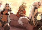  3girls animal_ears atalanta_(alter)_(fate) atalanta_(fate) bangs bikini black_bikini blonde_hair boots bottle breasts caenis_(fate) couch cup dark-skinned_female dark_skin drinking_glass fate/grand_order fate_(series) hairband holding holding_bottle holding_cup jacket jikihatiman leg_belt long_hair looking_at_viewer looking_back mordred_(fate) mordred_(fate/apocrypha) multiple_girls necktie open_mouth pants pointy_ears ponytail short_hair shorts silver_hair sitting smile sunlight sweater swimsuit tail tattoo teeth thigh-highs thigh_boots vest wine_glass 