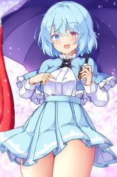  1girl :d aka_tawashi bangs blue_capelet blue_eyes blue_hair blue_skirt blush breasts capelet commentary_request dot_nose eyebrows_visible_through_hair eyelashes frilled_capelet frills happy heterochromia highres holding holding_umbrella karakasa_obake large_breasts long_sleeves miniskirt oil-paper_umbrella open_mouth pleated_skirt red_eyes shiny shiny_hair shirt short_hair skirt smile solo standing tatara_kogasa thighs touhou umbrella white_shirt wrist_cuffs 