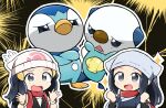  2girls akari_(pokemon) beanie black_hair bracelet clenched_hands commentary_request eyelashes flying_sweatdrops grey_eyes grey_jacket hands_up hat head_scarf highres hikari_(pokemon) jacket jewelry long_hair mijumaruko multiple_girls open_mouth oshawott outline piplup pokemon pokemon_(creature) pokemon_(game) pokemon_bdsp pokemon_legends:_arceus red_scarf scarf shirt sleeveless sleeveless_shirt sparkle tongue undershirt white_headwear 